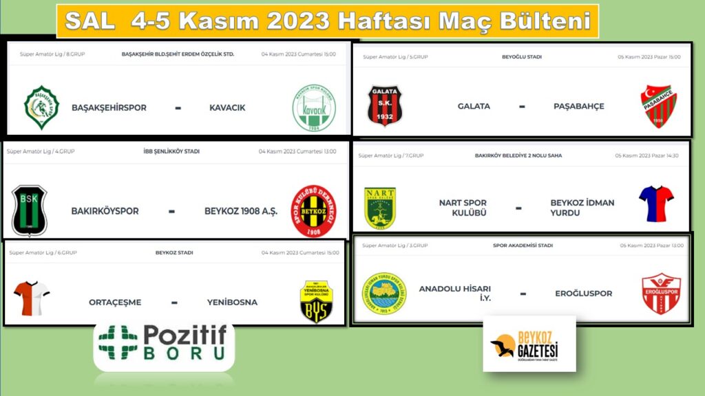 Beykoz Takımları SAL 4-5 Kasım 2023 Maç Bülteni.