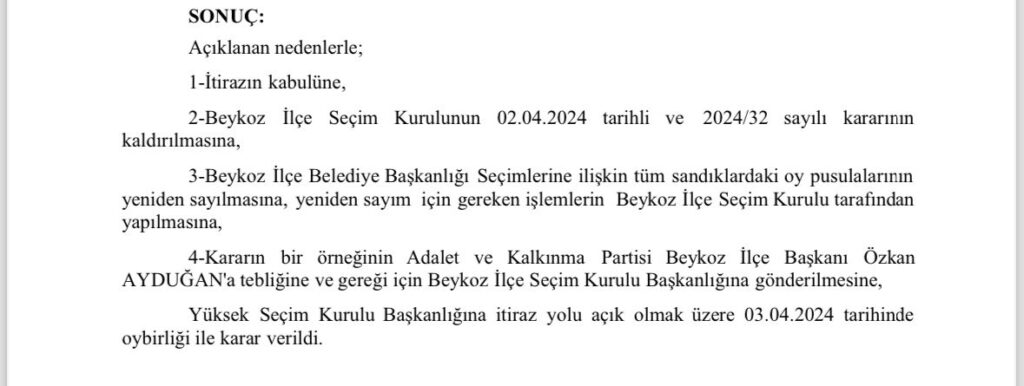 BEYKOZ’DA OYLAR YENİDEN SAYILACAK. İŞTE O KARARA İLİŞKİN BELGE