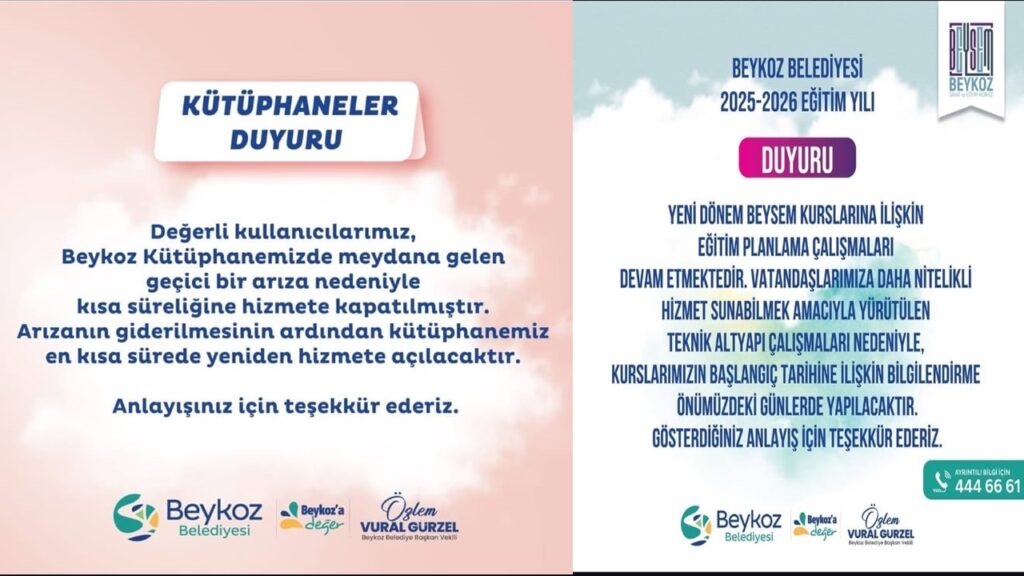 Beykoz Belediyesi: BEYSEM Kurslarımız Kapalı, Kütüphanemiz Arızalı